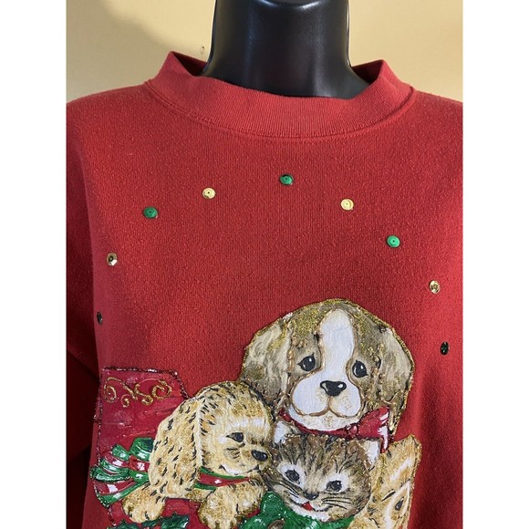 Vintage Embroidered/ Puppies In Sleigh Santa With Gifts 2side Sweatshirt Size XL - Picture 4 of 16
